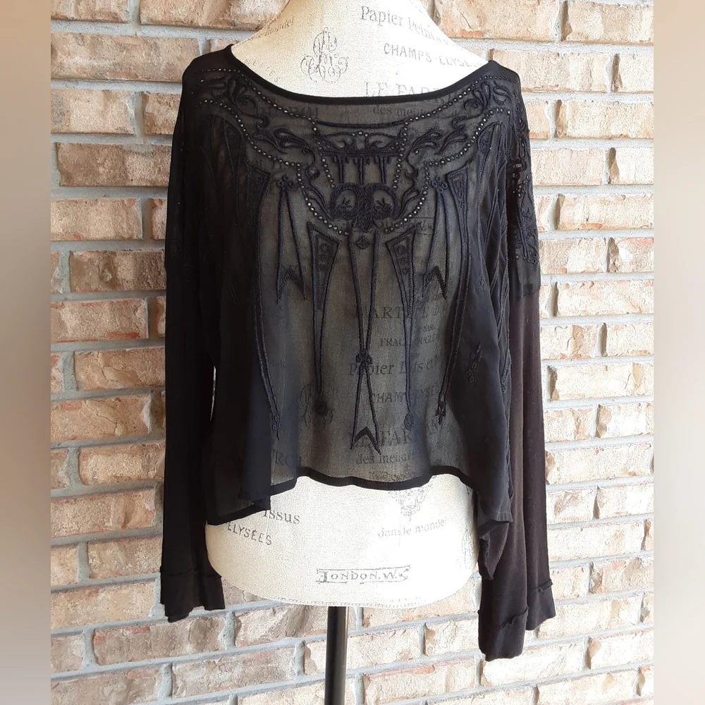Free People Black Sheer Long Sleeve Boho Oversized Top with Embroidered Detail.
